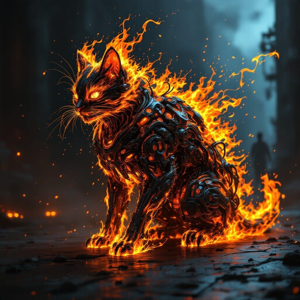 Majestic Fire-Breathing Cyberpunk Cat with Neon Lights