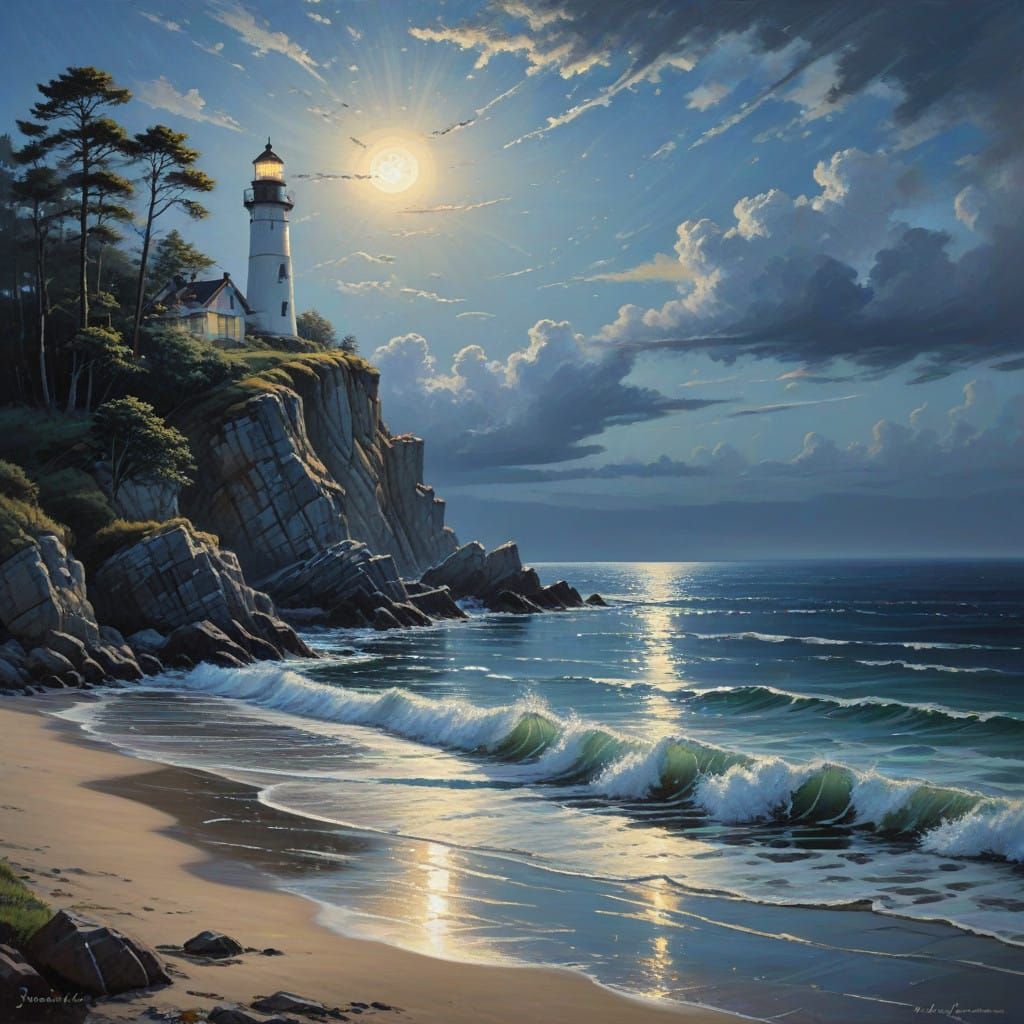 Ethereal Moonlit Coastal Scene in Nocturne Style