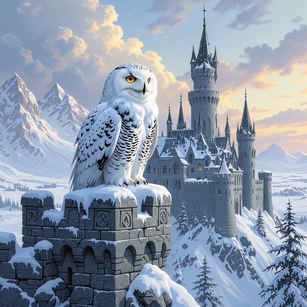 Snowy Owl Guarding a Stone Castle in Fantasy Style