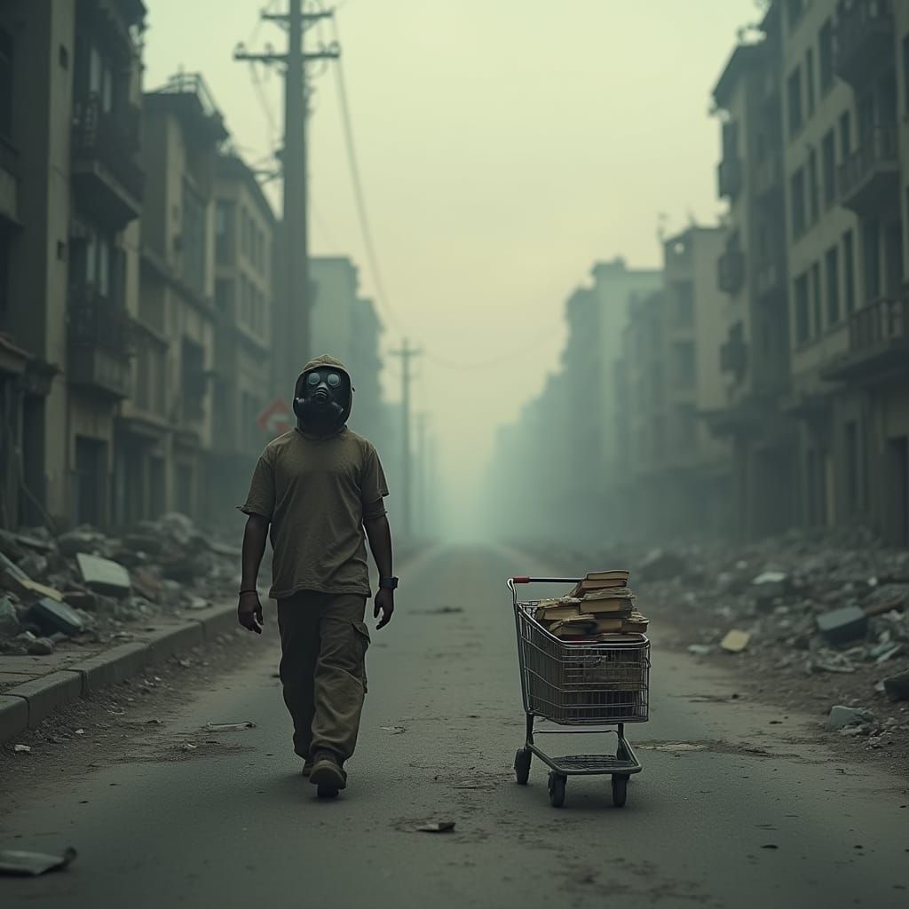 Post-Apocalyptic Book Cart in Ruined Cityscape