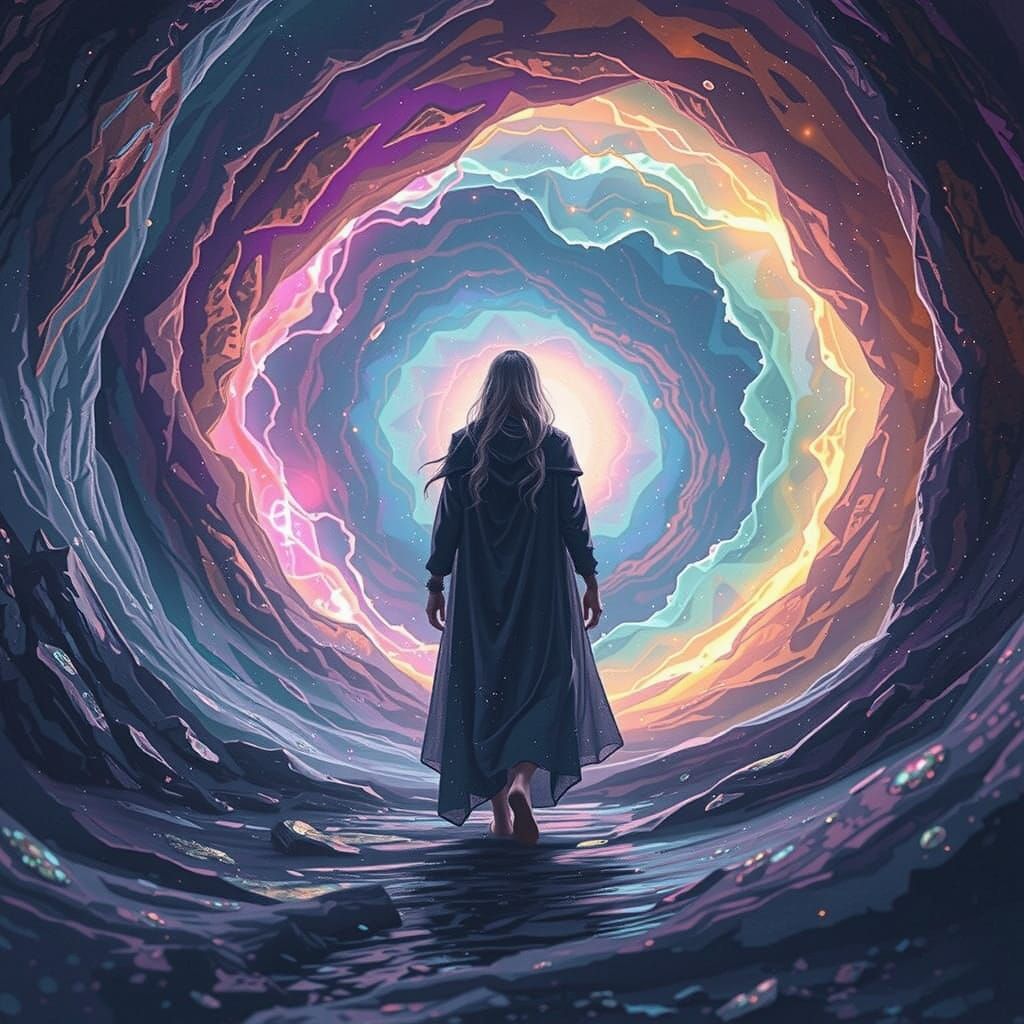Sorceress Enters Magical Portal in Digital Art Style