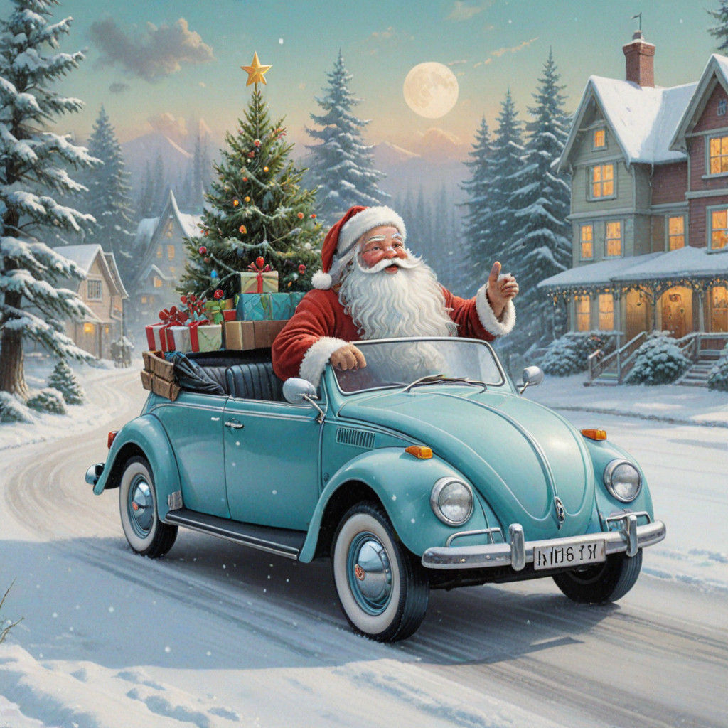 Santa Claus in a Pastel Turquoise VW Convertible on a Snowy....
