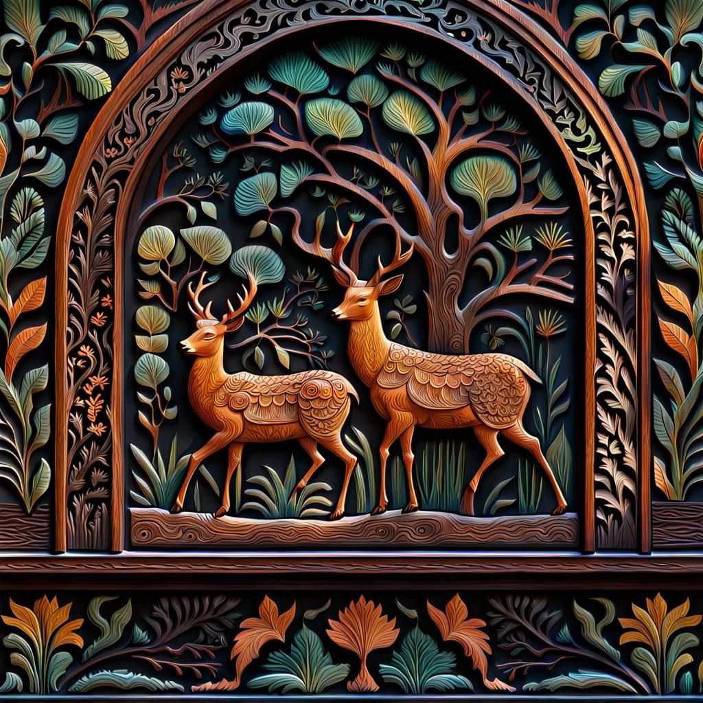 Elegant Carved Wooden Window Casing in Folk Art Style