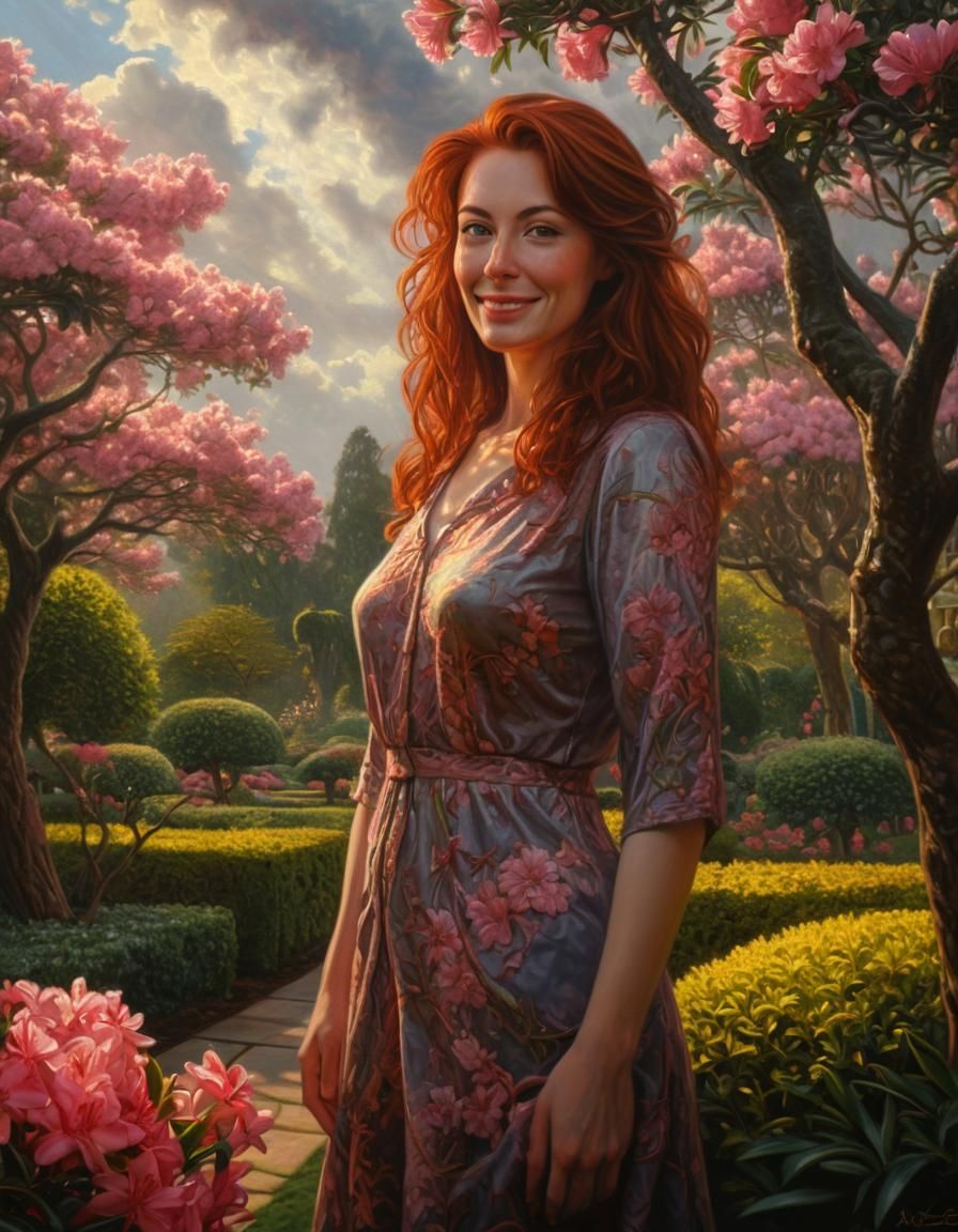 Auburn Woman in Garden: Chiaroscuro Oil Painting