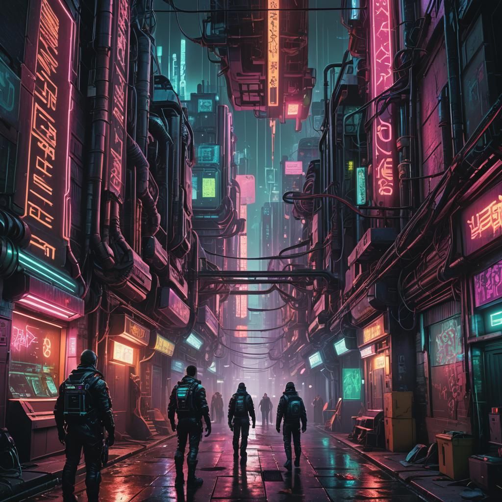Cyberpunk Hackers in Neon Alleyway, Glitch Art Style