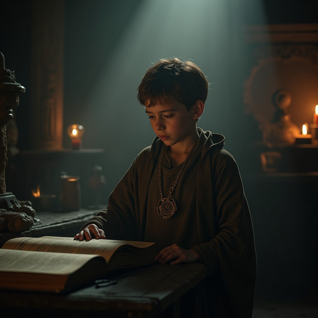 Apprentice in Ancient Chamber, Cinematic Lighting