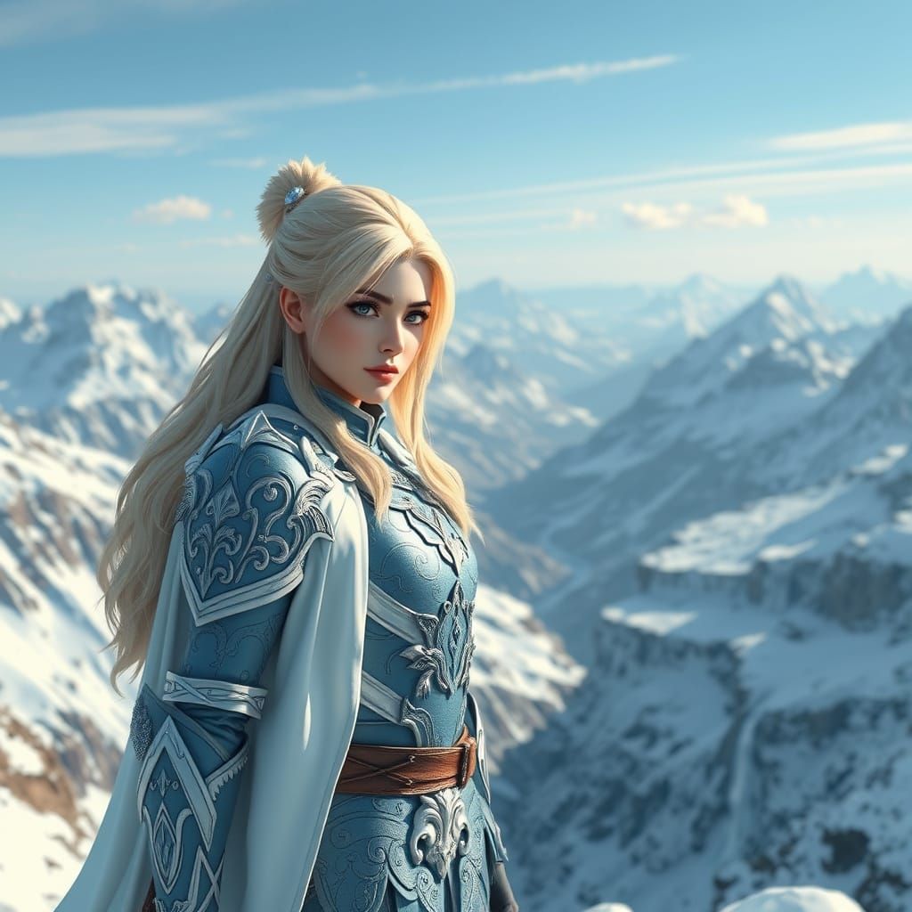 Hyper Realistic Blonde Warrior Surveys Snowy Valley