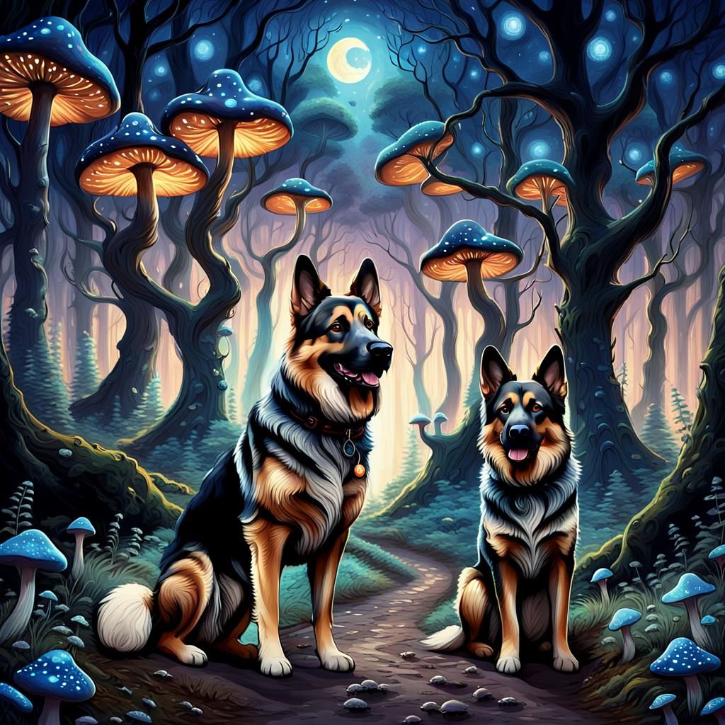 Dogs in Mystical Forest: Böcklin, Redon, Gurney Style