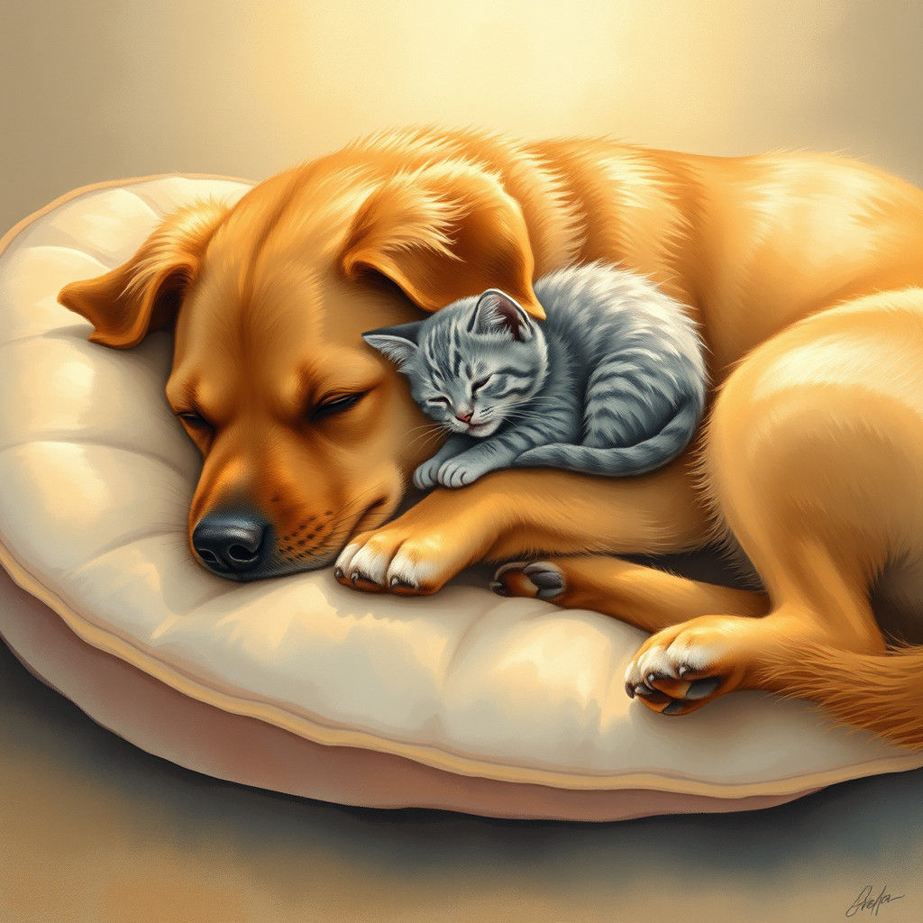 Dog and Kitten Sleeping: Whimsical Watercolor Illustration
