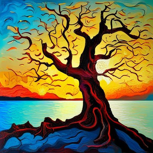Surreal Sunset Beach Tree in Expressionist Style