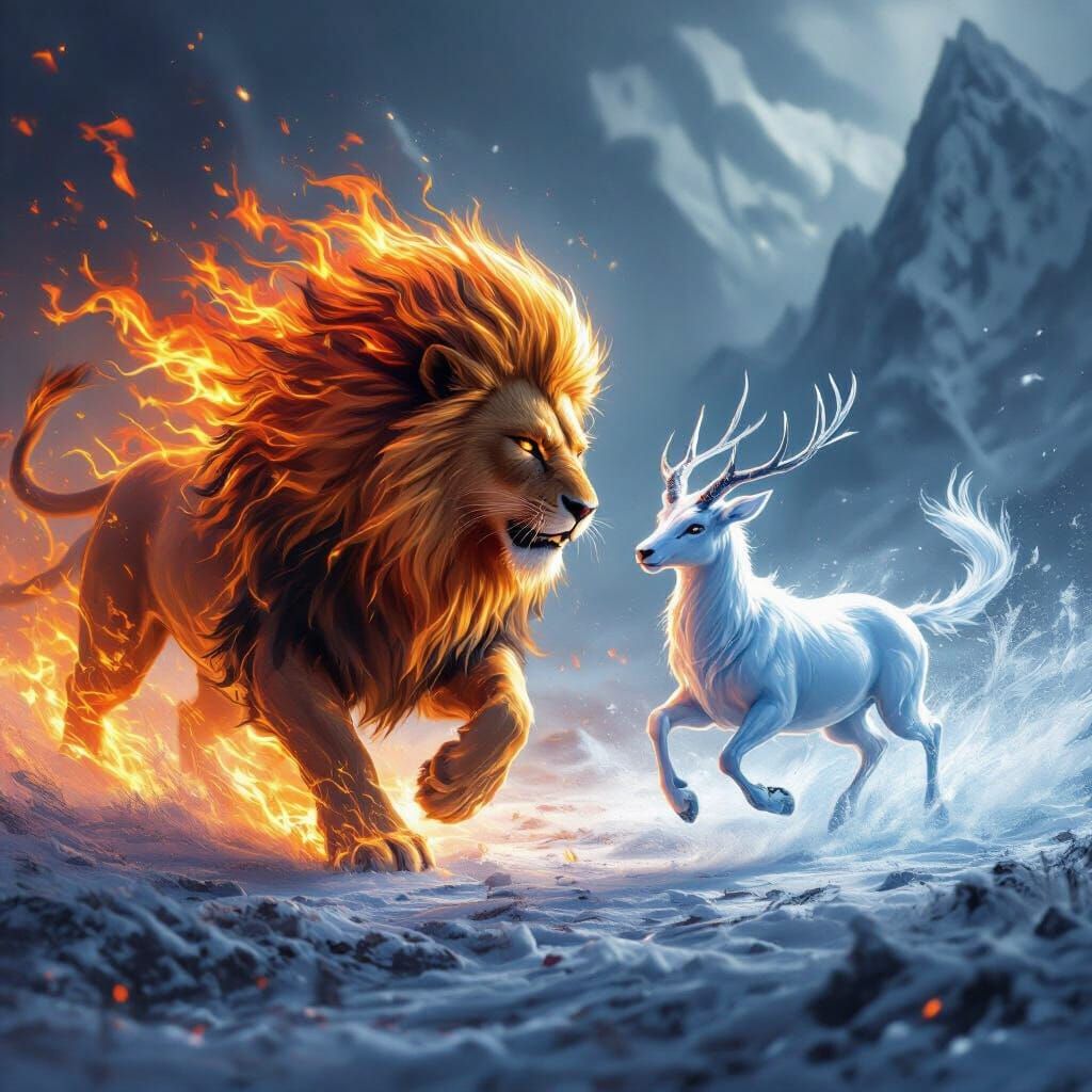 Fire Lion Chases Ice Antelope in Mystical Landscape