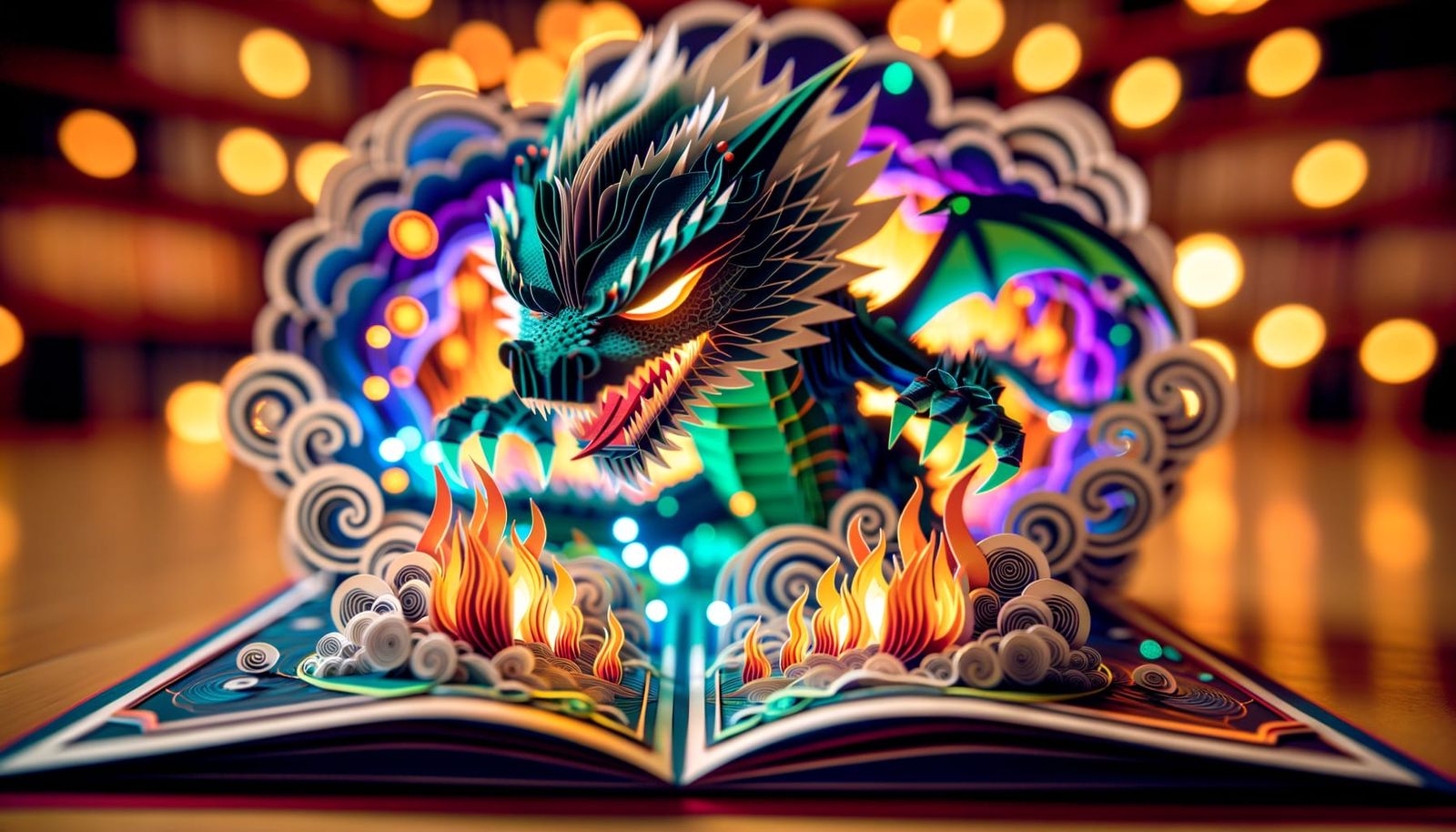 Menacing Chibi Dragon in Bioluminescent Pop-Up Book