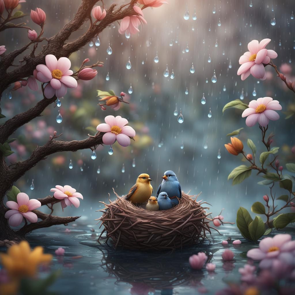 Birds in Rainy Nest: Detailed Matte Painting