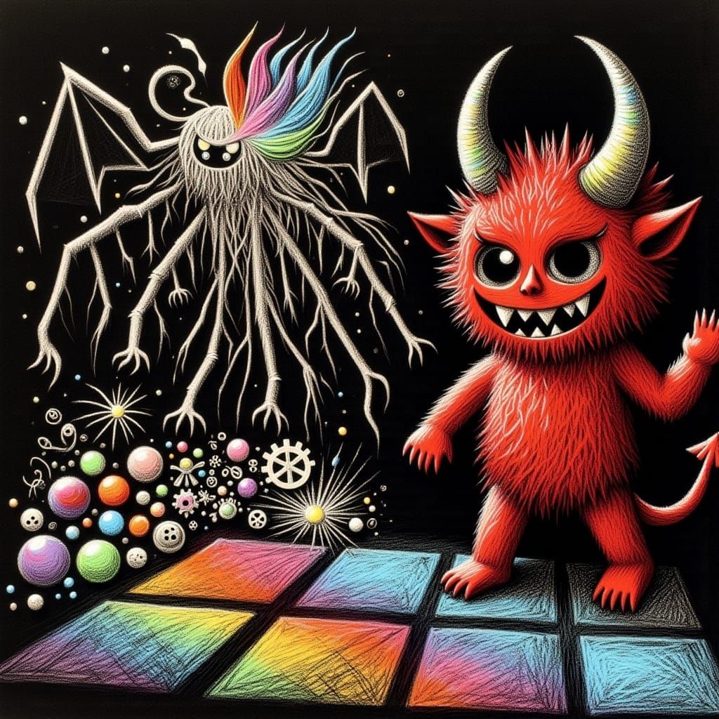 Monster Demon Plays Hopscotch in Surrealist Style