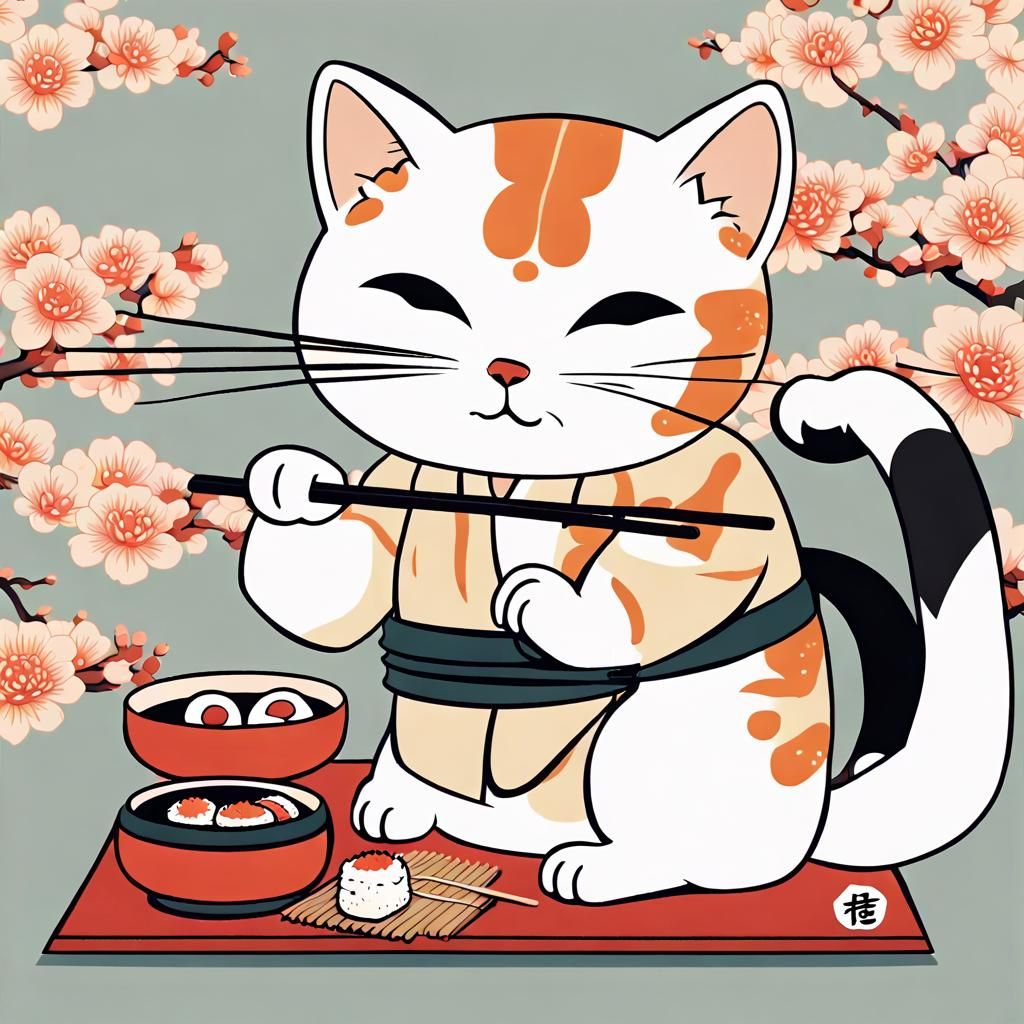 Cat Eating Sushi in Ukiyo-e Vector Art Style