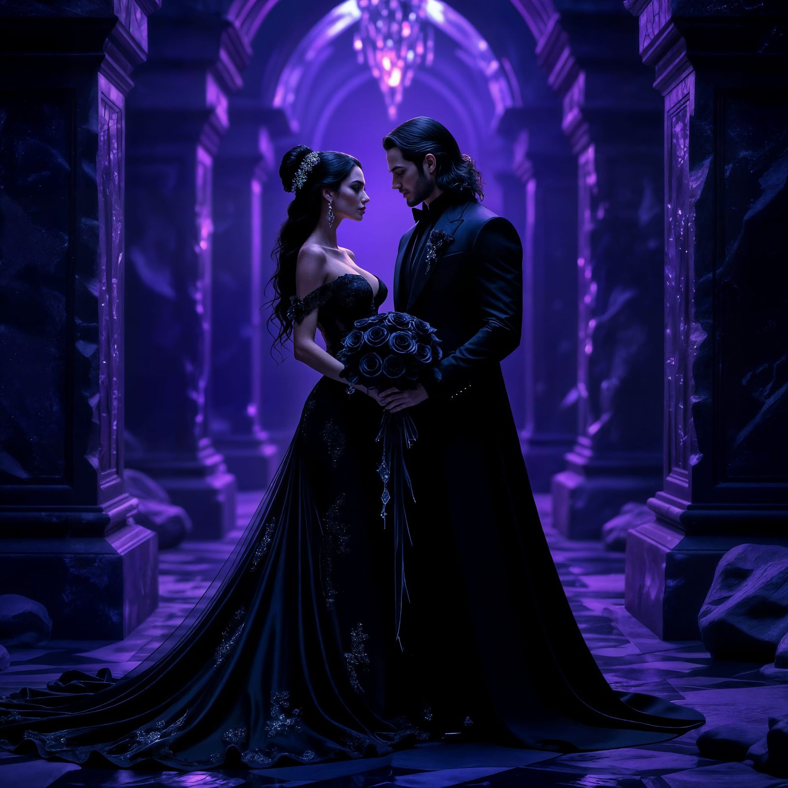 Magical Couple Adorned with Black Roses and Diamonds