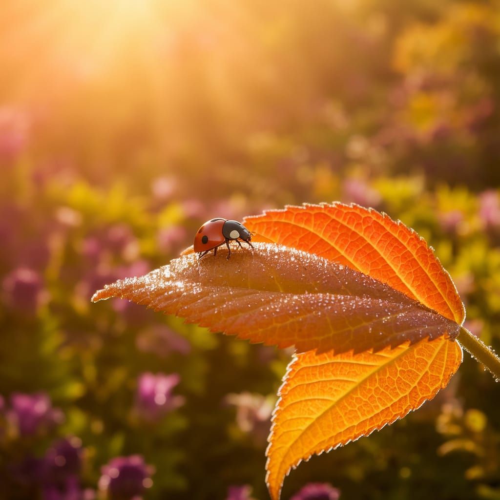Delicate Ladybug Amidst Autumn Blooms in Golden Light