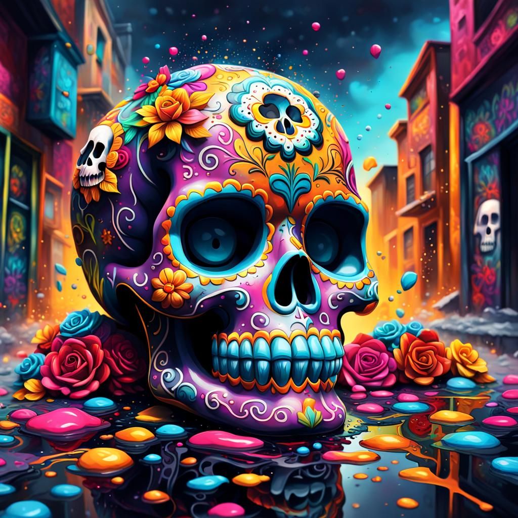 Colorful Día de Muertos Sugar Skull Graffiti Art