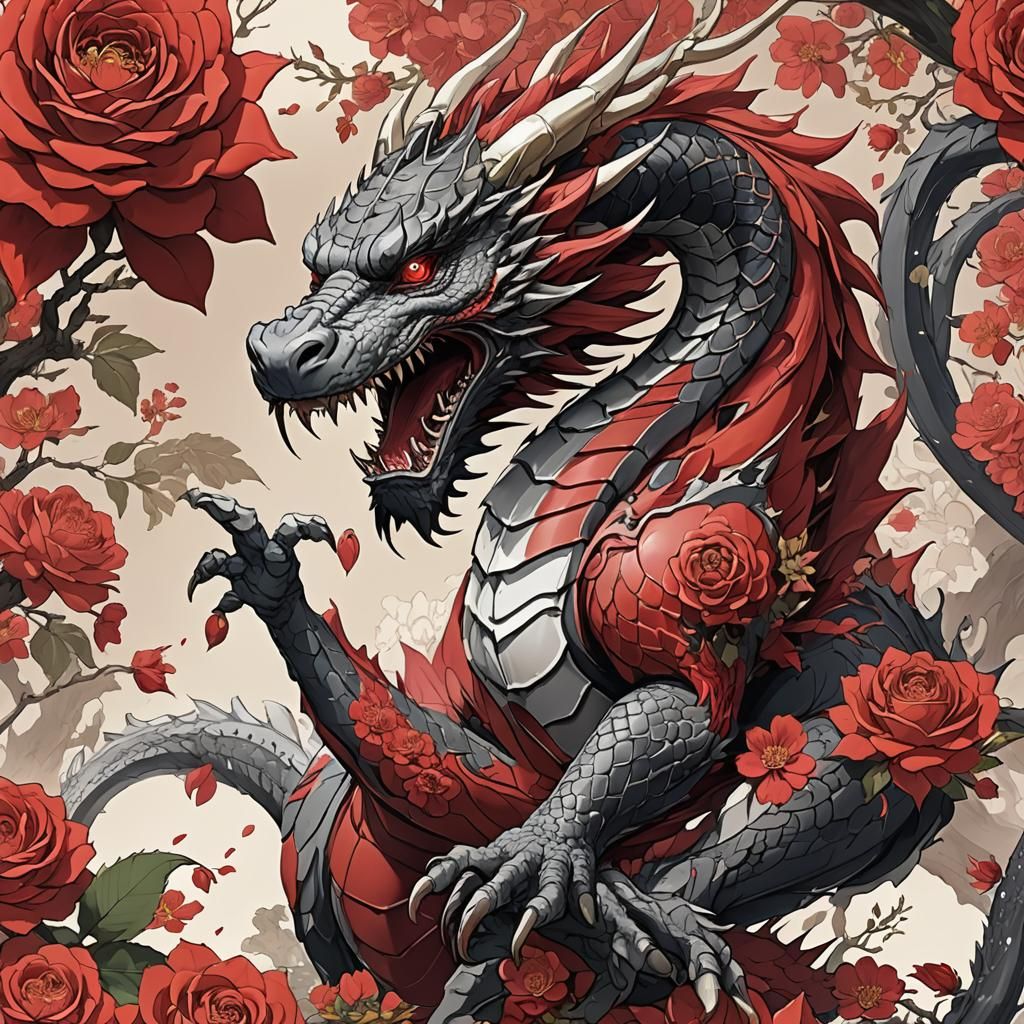 Red Dragon with Japanese Roses in Anime Style