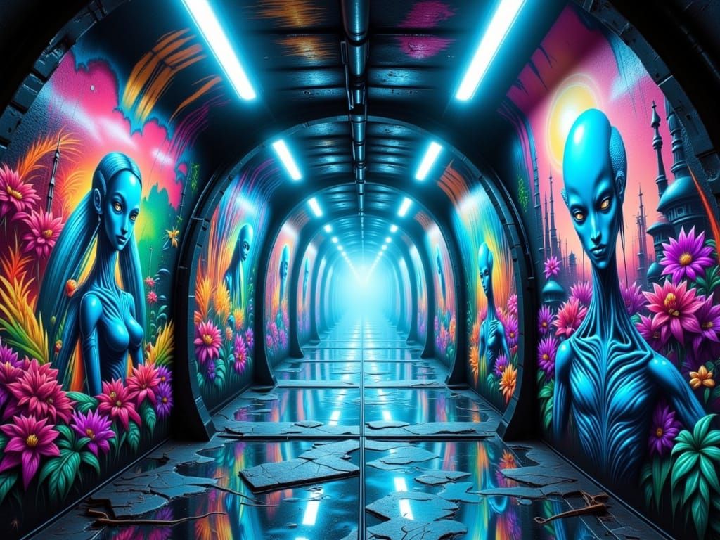 Alien Graffiti Tunnels: Hyperrealistic Fantasy Art