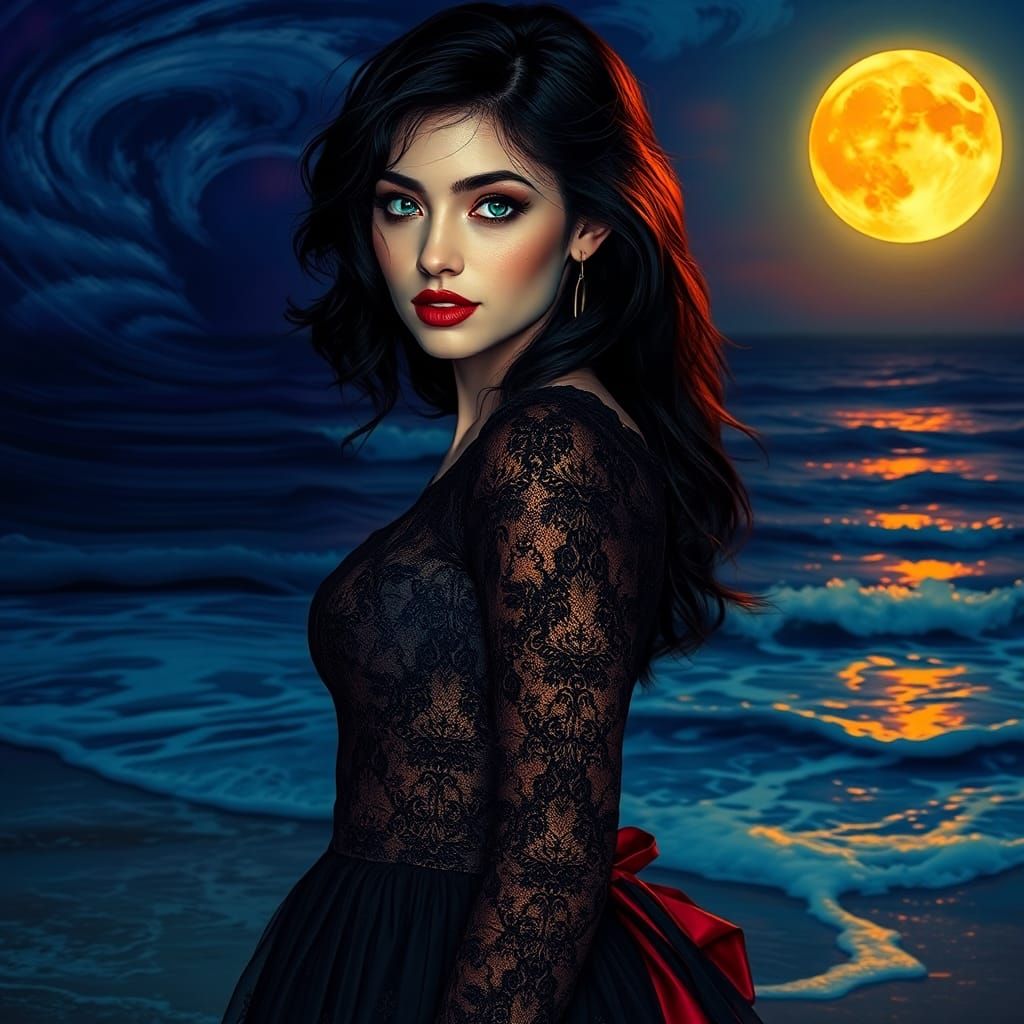 Gothic Woman in Lace Dress Under Moonlight