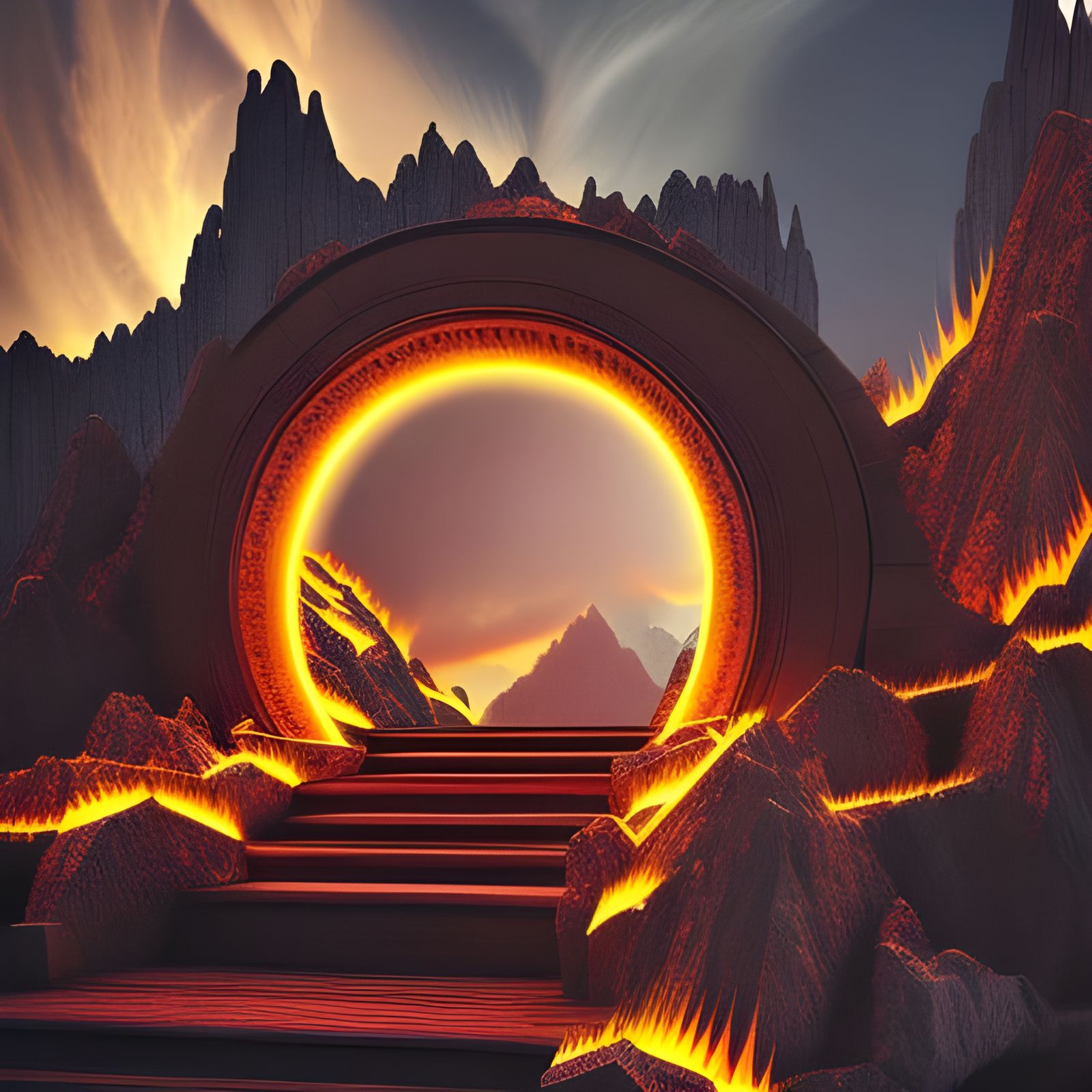 Epic Glowing Portal Above Fire Lake Digital Painting
