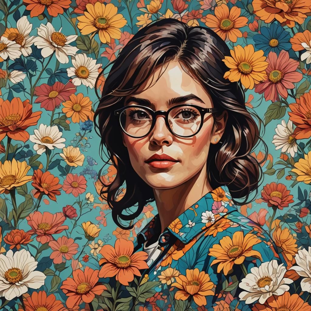 Aesthetic Flowers and Retro Design with Woman