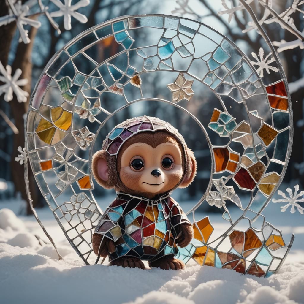 Stained Glass Cheburashka in Winter Snowscape