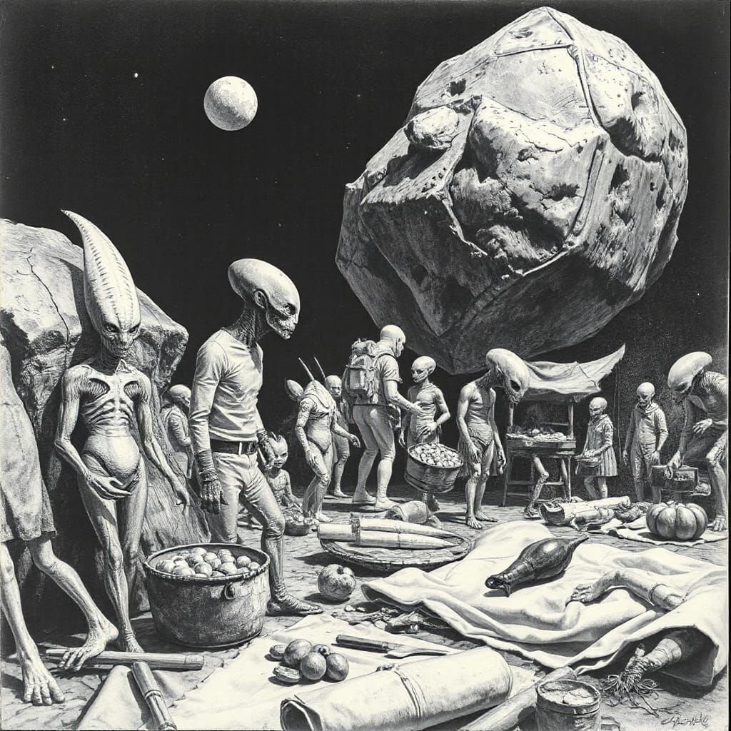 A Space Market on an Asteroid: Sci-Fi Illustration