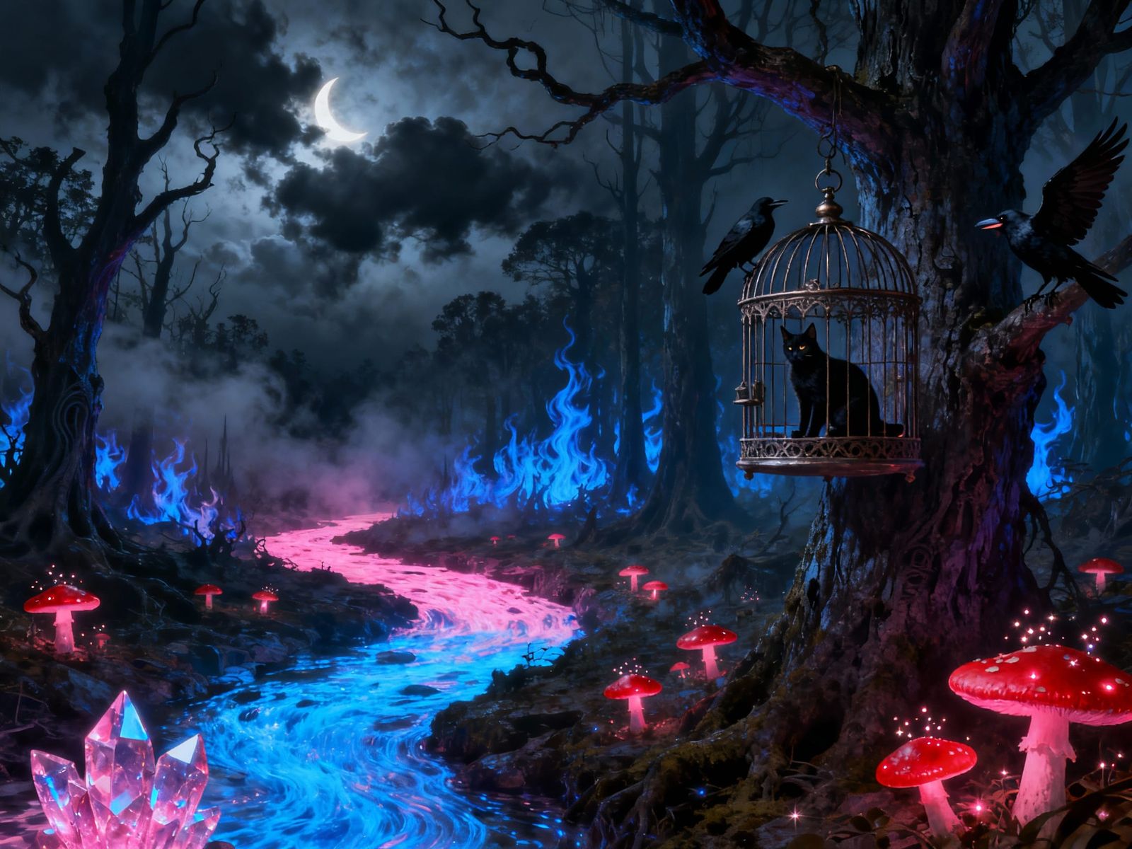 Mysterious Stormy Night with Eerie Moon and Glowing Creek