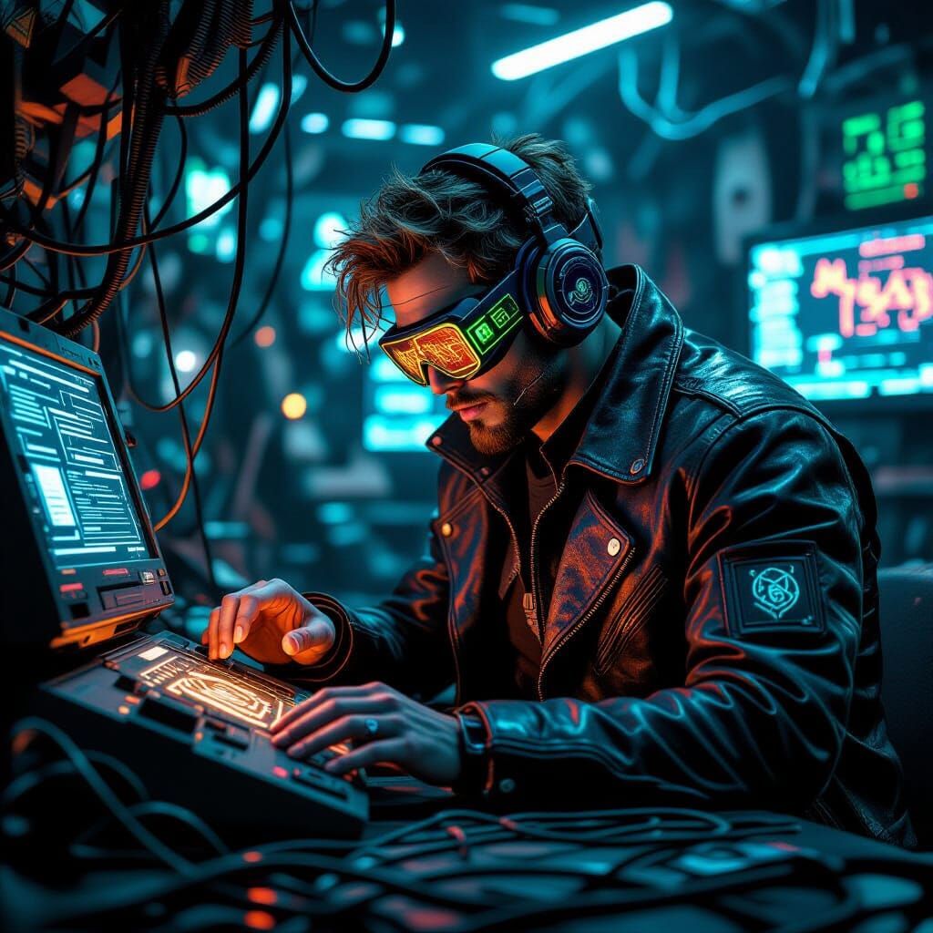 Cyberpunk Hacker and Ancient Artifact in Dystopian Setting