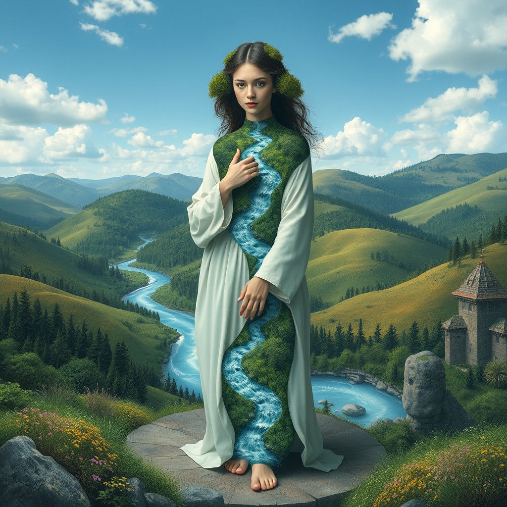 Surreal Woman Merging with Dreamlike Landscape