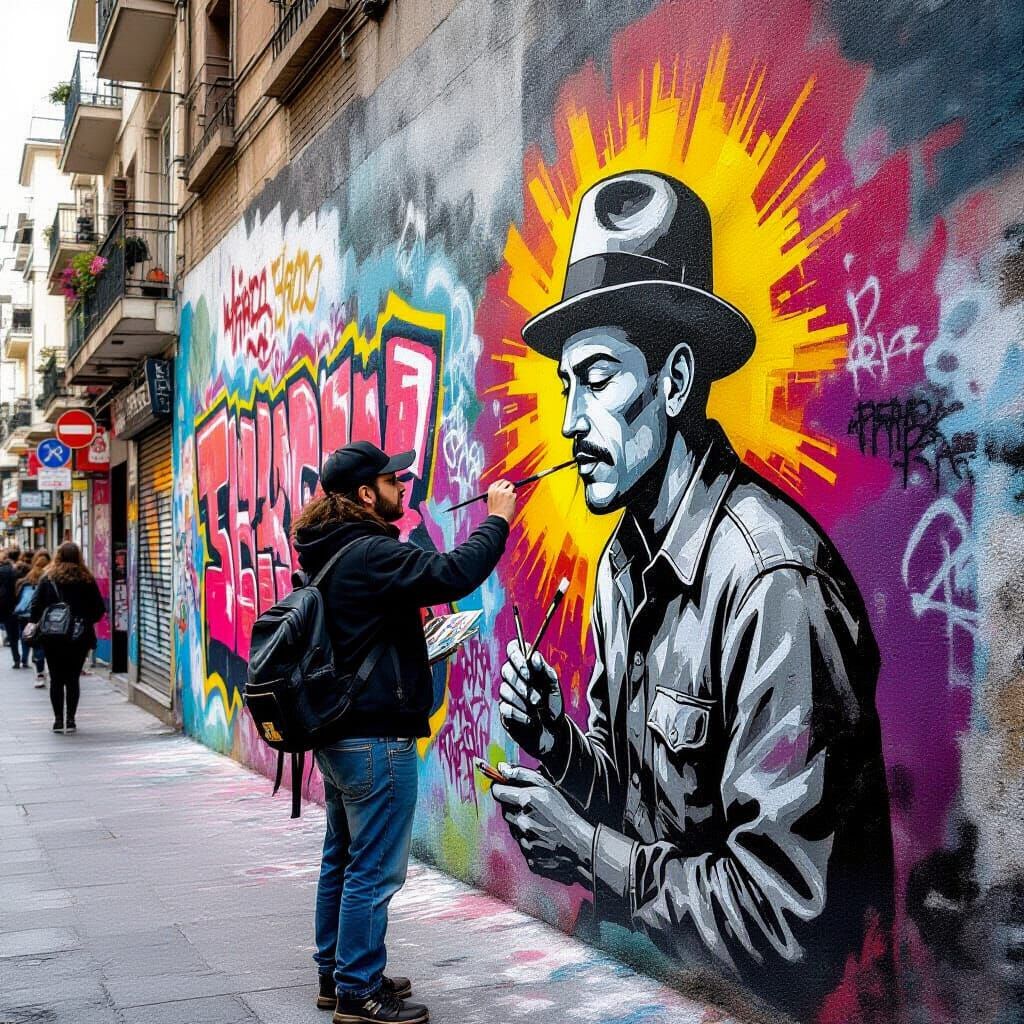 Street Artist Painting Vibrant Mural in Animated Style