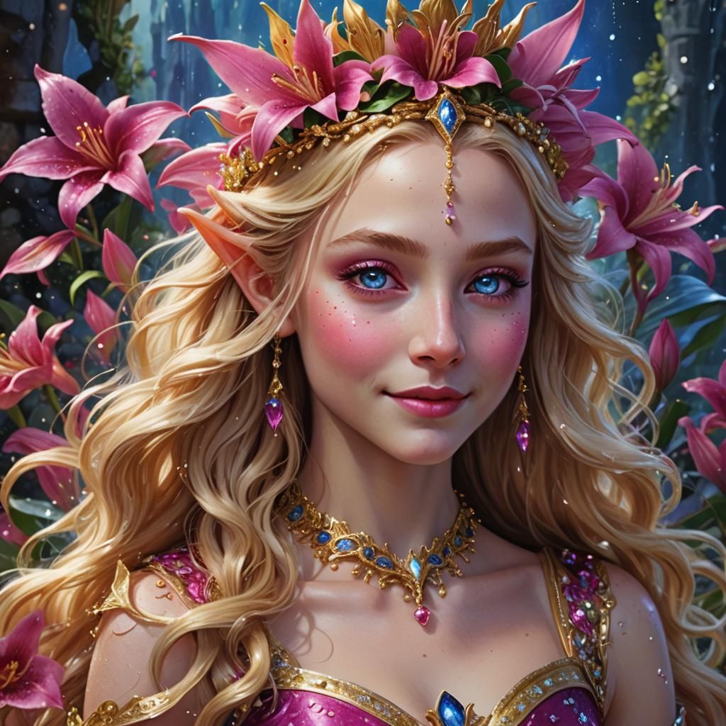 Golden-Haired Elven Child with Lilies, Digital Art
