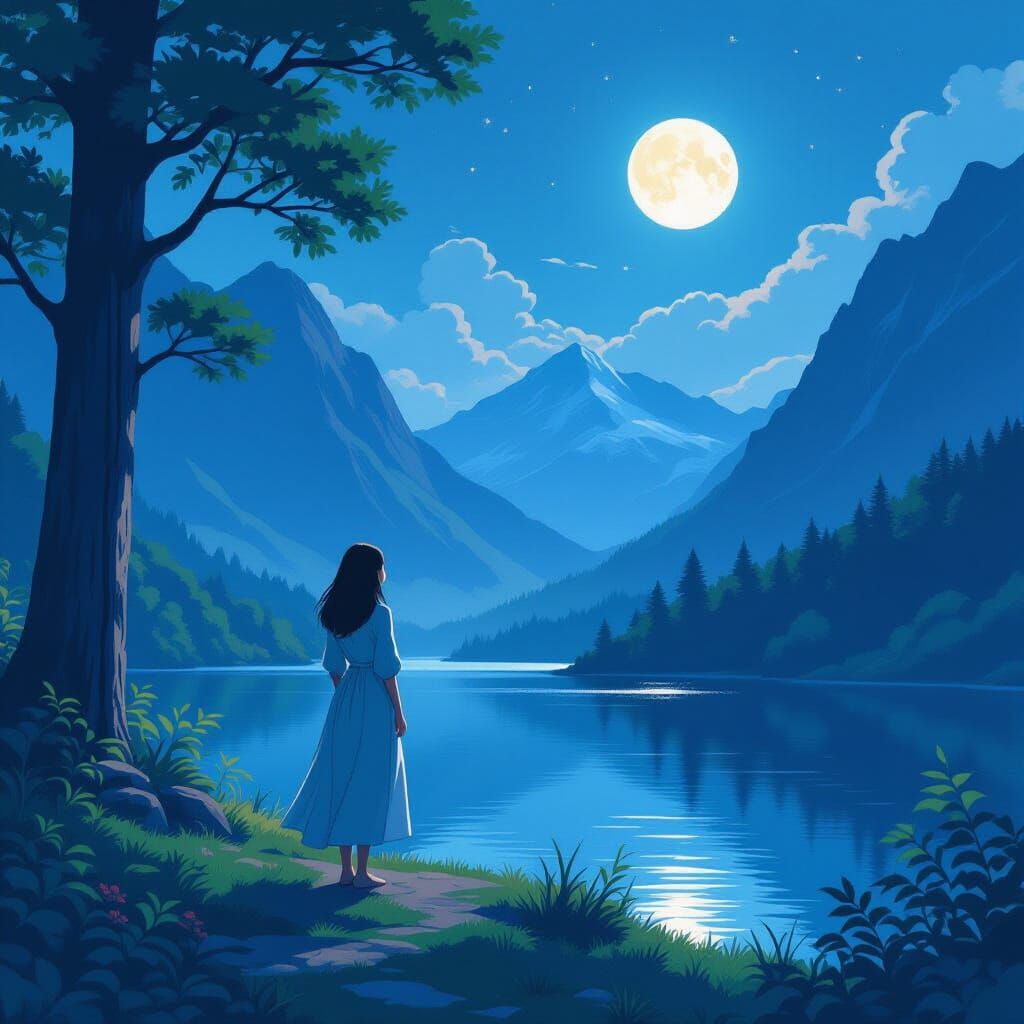 Moonlit Mountainside Scene in Ethereal Style