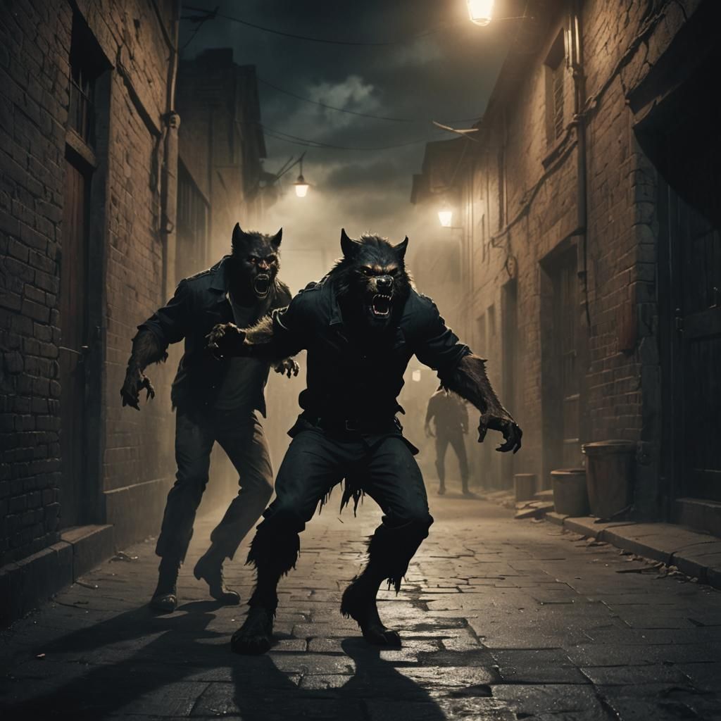 Werewolf Attack in Dark Alley: Fantasy Illustration