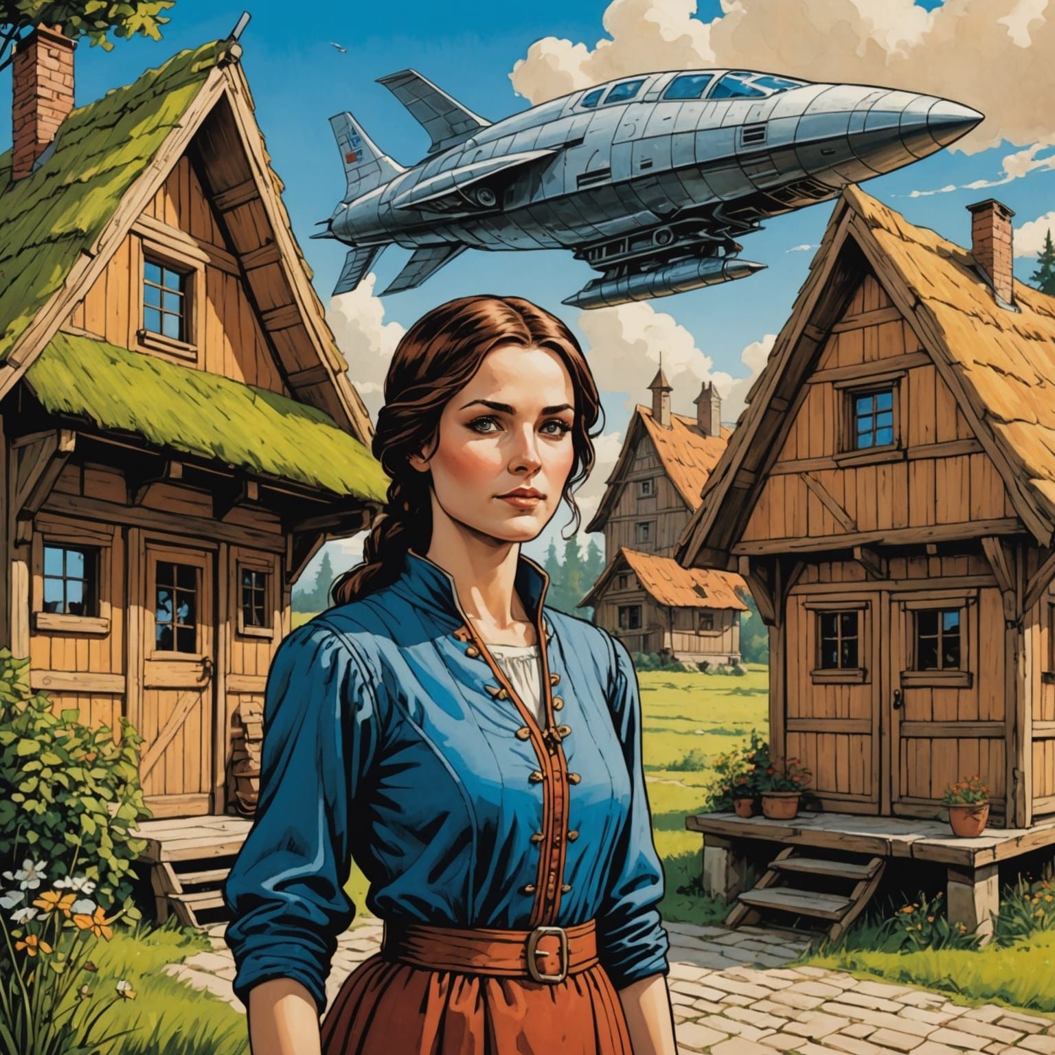 Medieval Villager and Spaceship in Comic Book Style