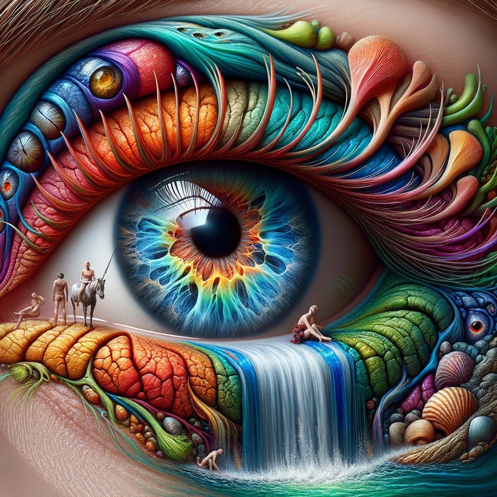 Hyperrealistic Eye Portrait with Faux Fur and Ocean Iris