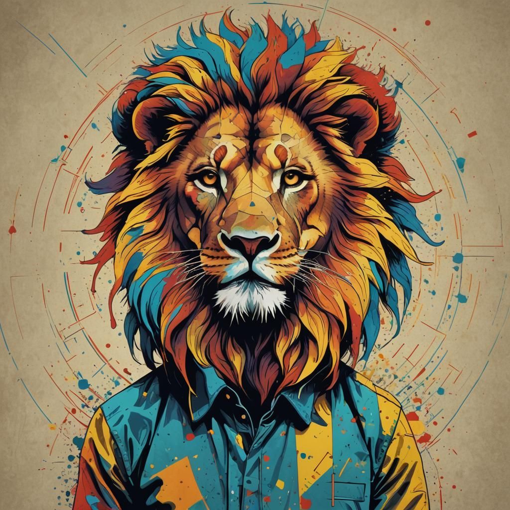 Human-Lion Hybrid in Geometric Pop Art Style