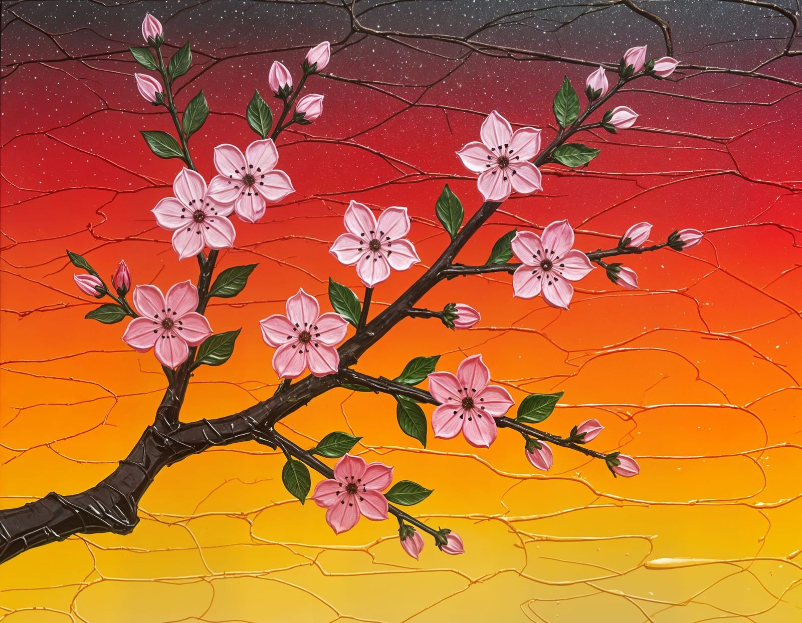 Impasto Abstract Painting of Blossoming Tree Branch