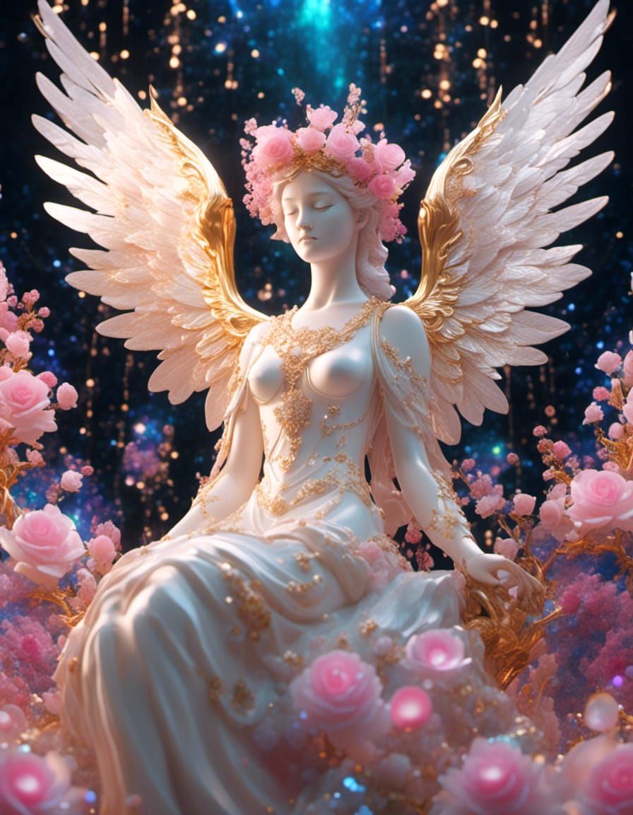 Hyperreal Crystal Rose Archangel with Galaxy Background