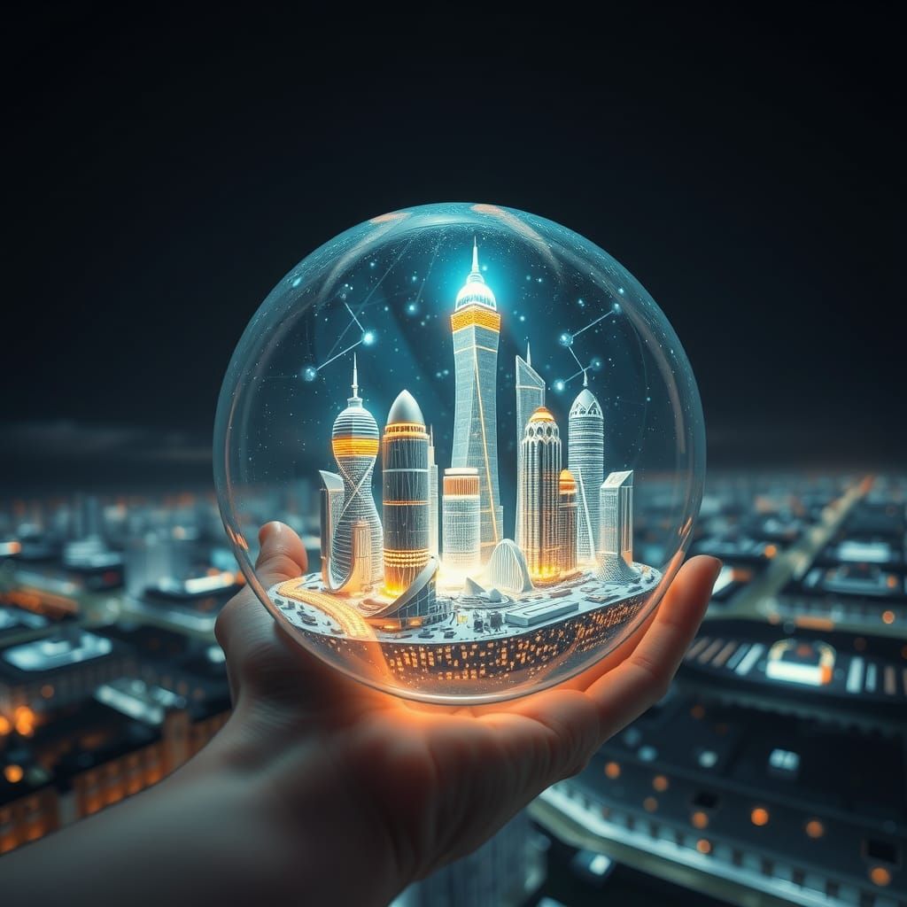 Futuristic City Inside Glowing Orb, Hyperrealistic