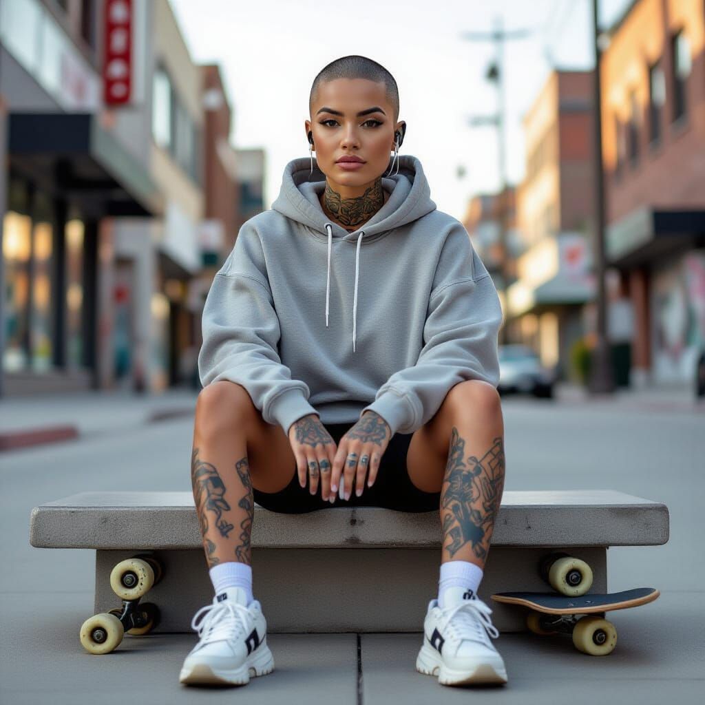 Gen Z Influencer Portrait with Tattoos and Skateboard