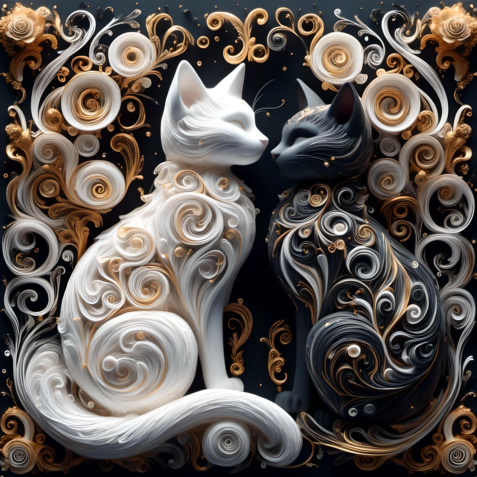 Symmetrical Black and White Cats in Quilling Style