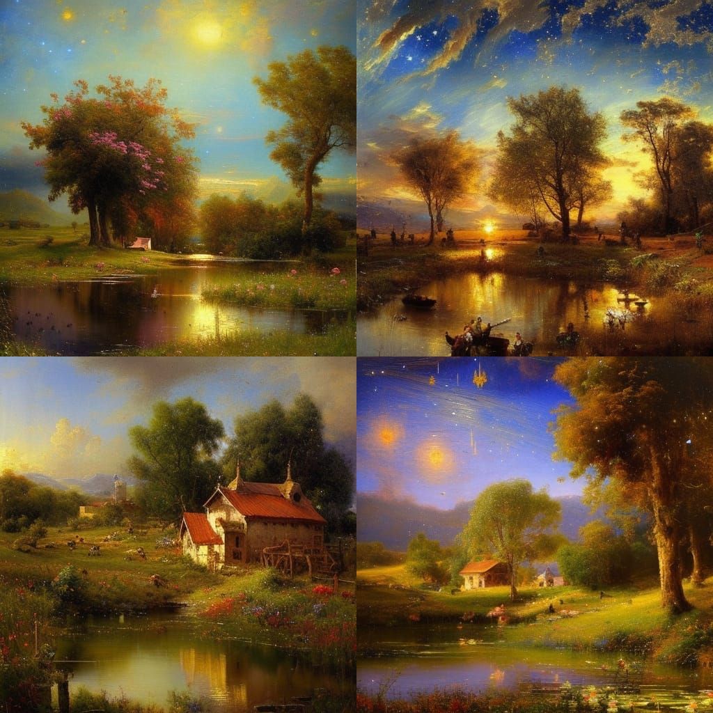 Medieval Farm Under Starry Sky as Oil Painting