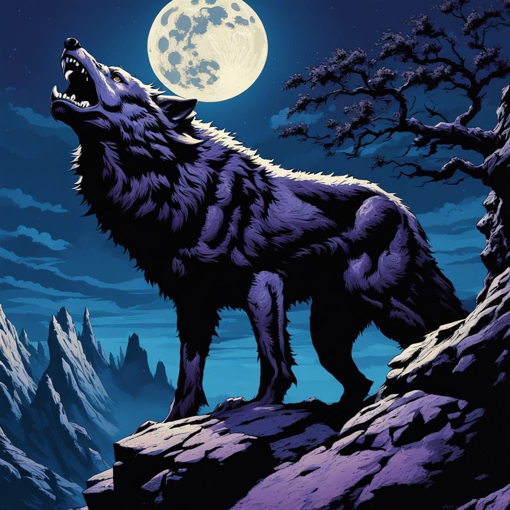 Dramatic Dark Fantasy: Lone Wolf Howling at Moon