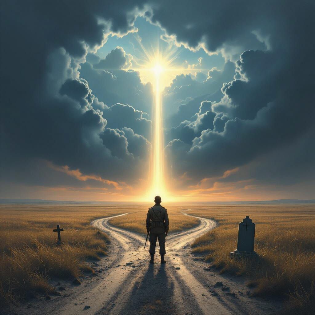 Soldier at Crossroads Facing Ominous Choices
