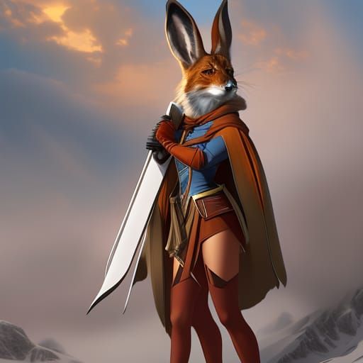 Rabbit and Fox Skiing Together: Digital Art