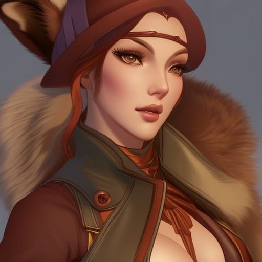 Rabbit and Fox Skiing Together, Art Nouveau Style