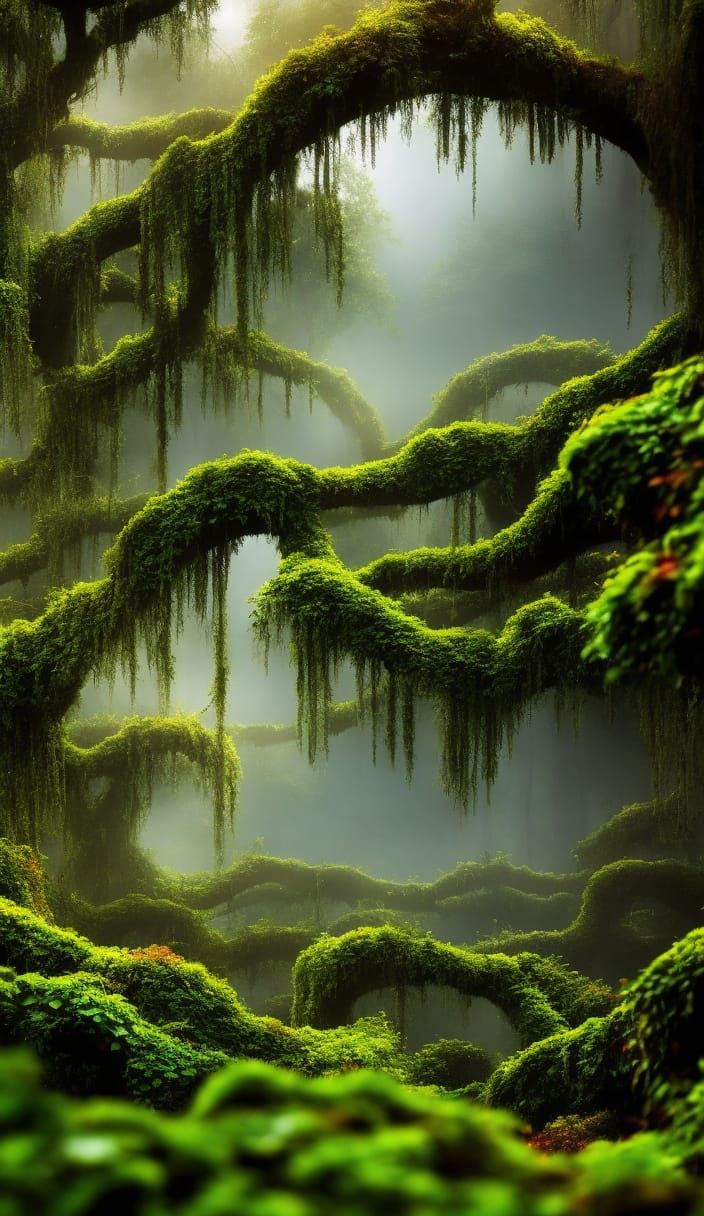 Overgrown city covered in vines and moss, hyeronimus Bosch intricately detailed hyperdetailed 4K 64 megapixels depth of ...